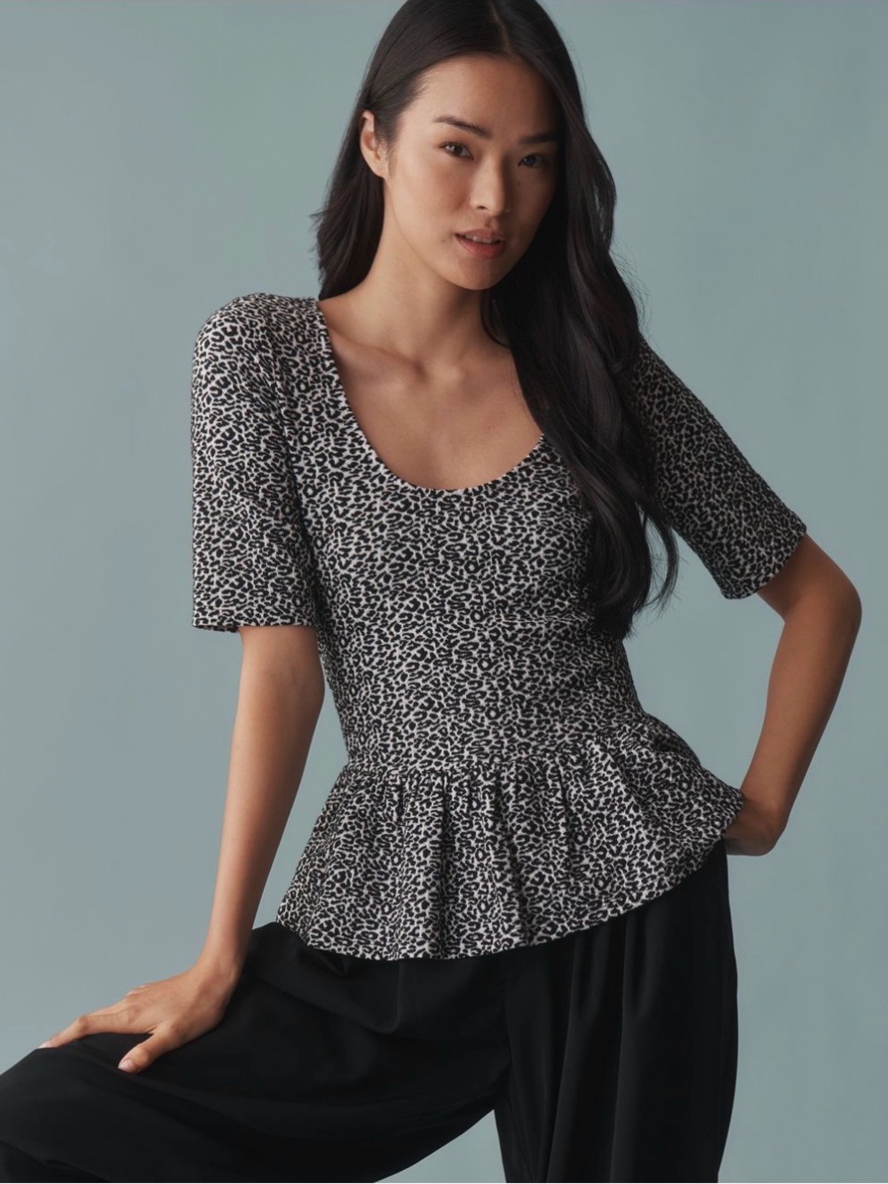 Maeve Black and White Leopard Scoop Neck Peplum Top